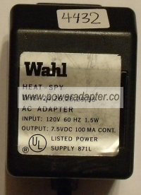 WAHL DHS-24,26,28,29,35 HEAT-SPY AC ADAPTER DC 7.5V 100mA - Click Image to Close